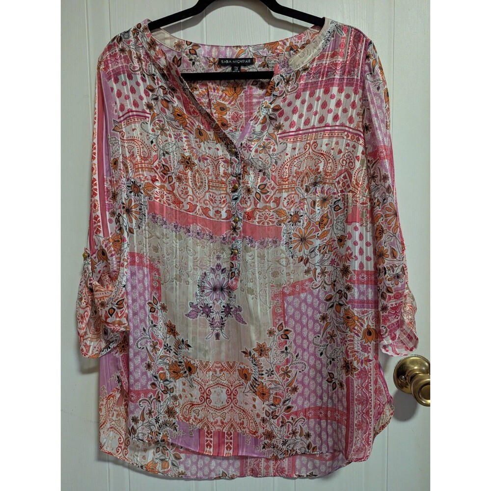 Sara Michelle Women's Plus 1X Floral Patchwork Boho Chic 3/4 Sleeve Sheer Blouse